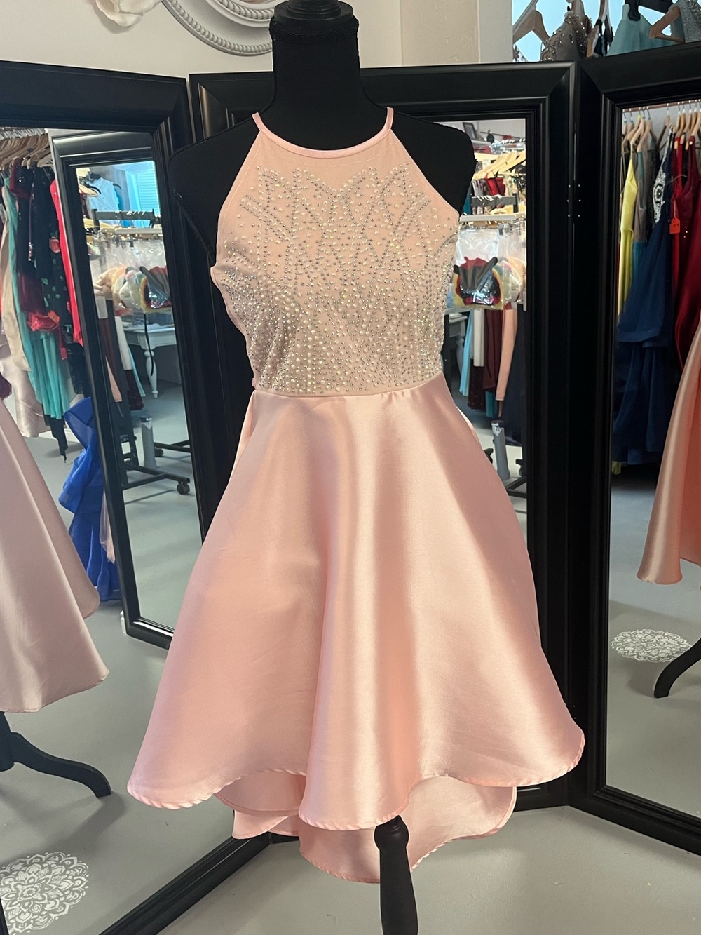 Girls' Sleeveless Pink Satin High-Low Dress with Embellished Bodice